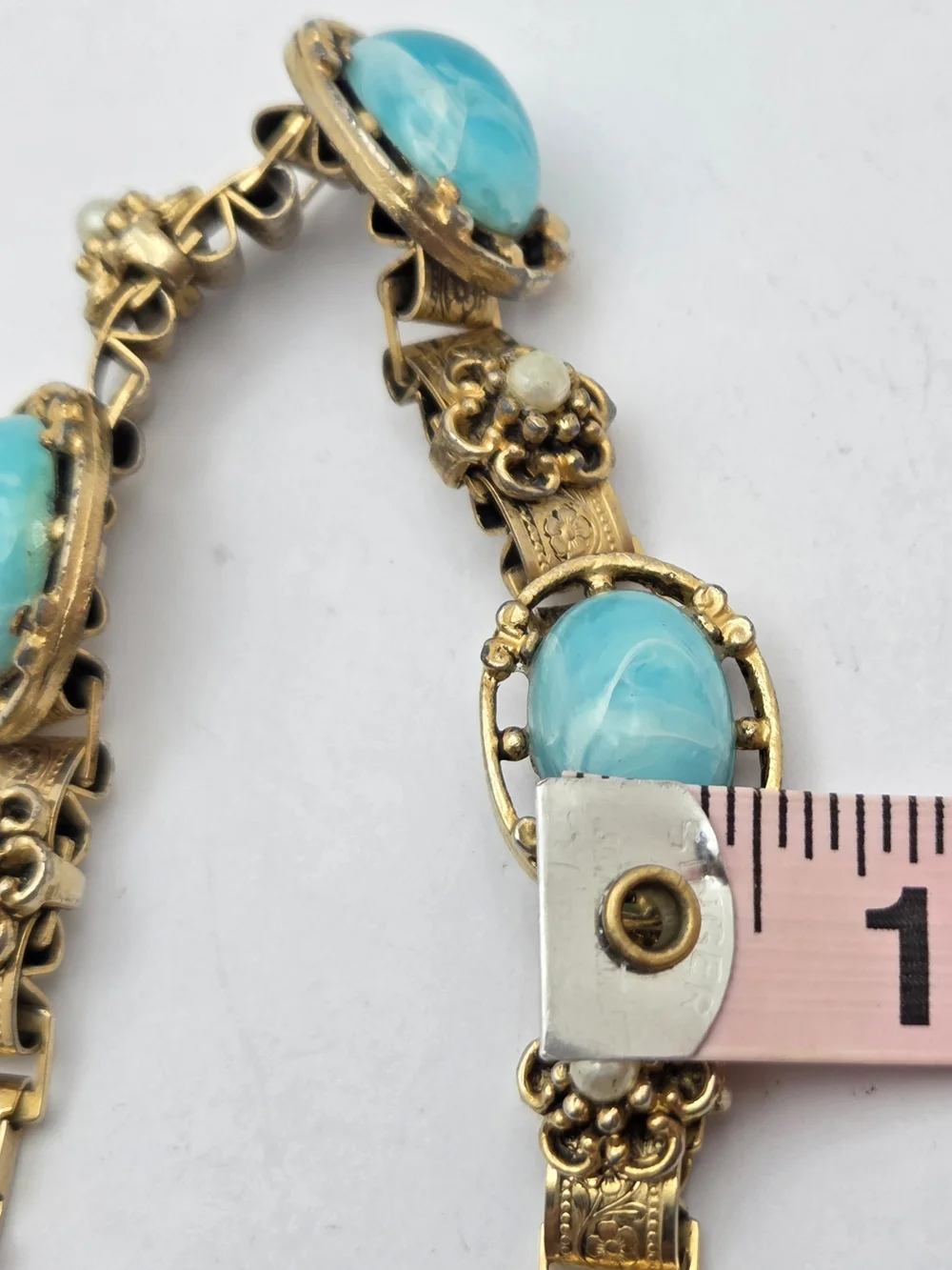 Vintage Gold Tone Faux Turquoise Pearl Panel Bracelet Filigree Etched 7 Inches